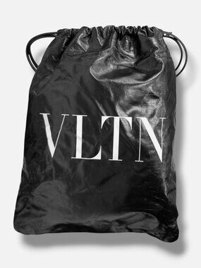 Valentino Garavani Men Black Logo Leather Drawstring Backpack Bag